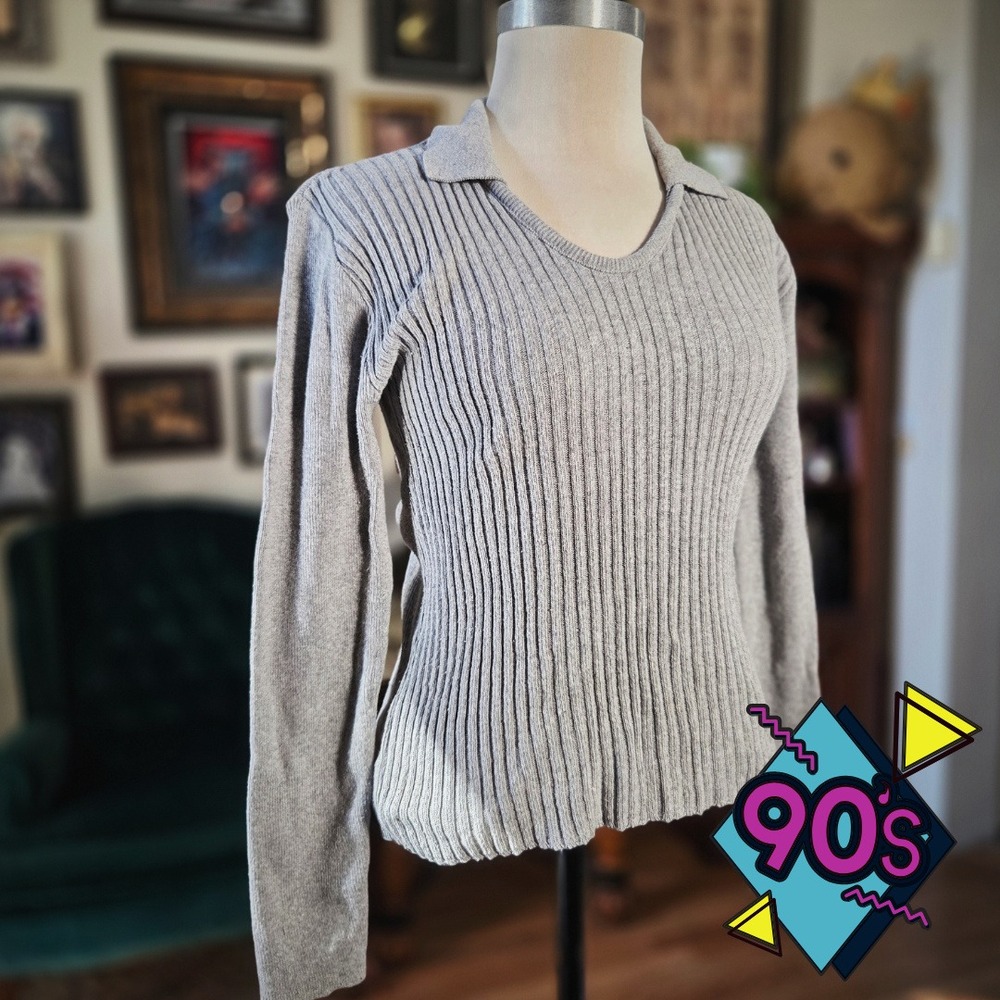 B. Zol Ribbed Knit‎ Sweater Vintage 90s Grey Polo Collar Long Sleeve Top Small